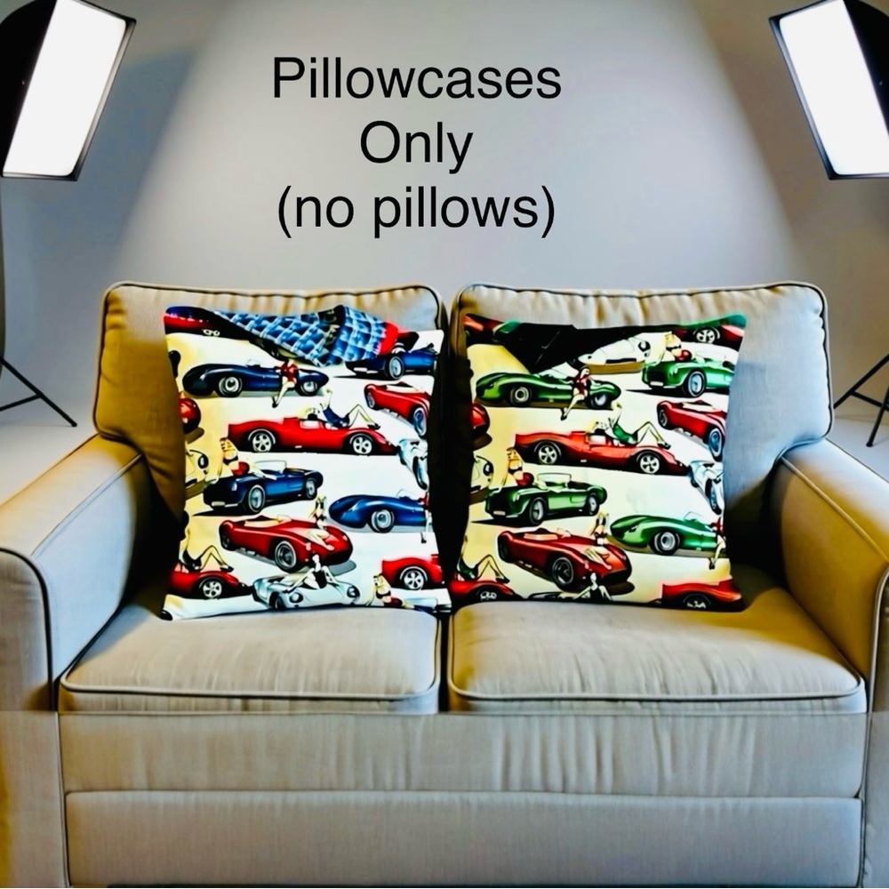 Vintage Race Car & Pin-up Girl Pillowcases, Handmade, Quantity 2